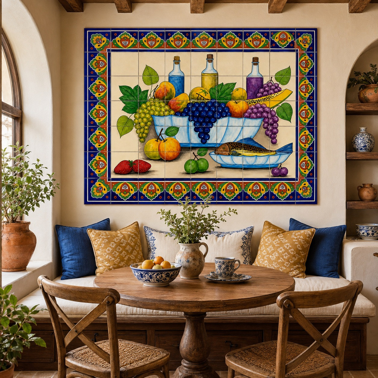 Fruit still life talavera tile mural in a breakfast nook with rustic seating and natural light.