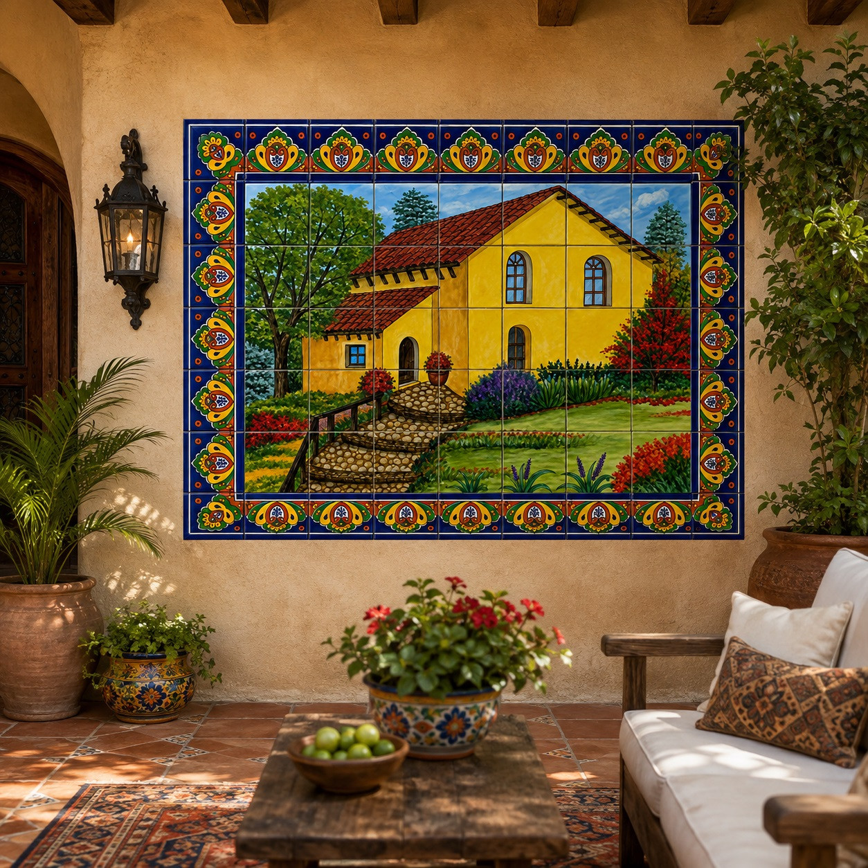 Talavera tile mural yellow house on a hacienda patio with terracotta floors and lush greenery.