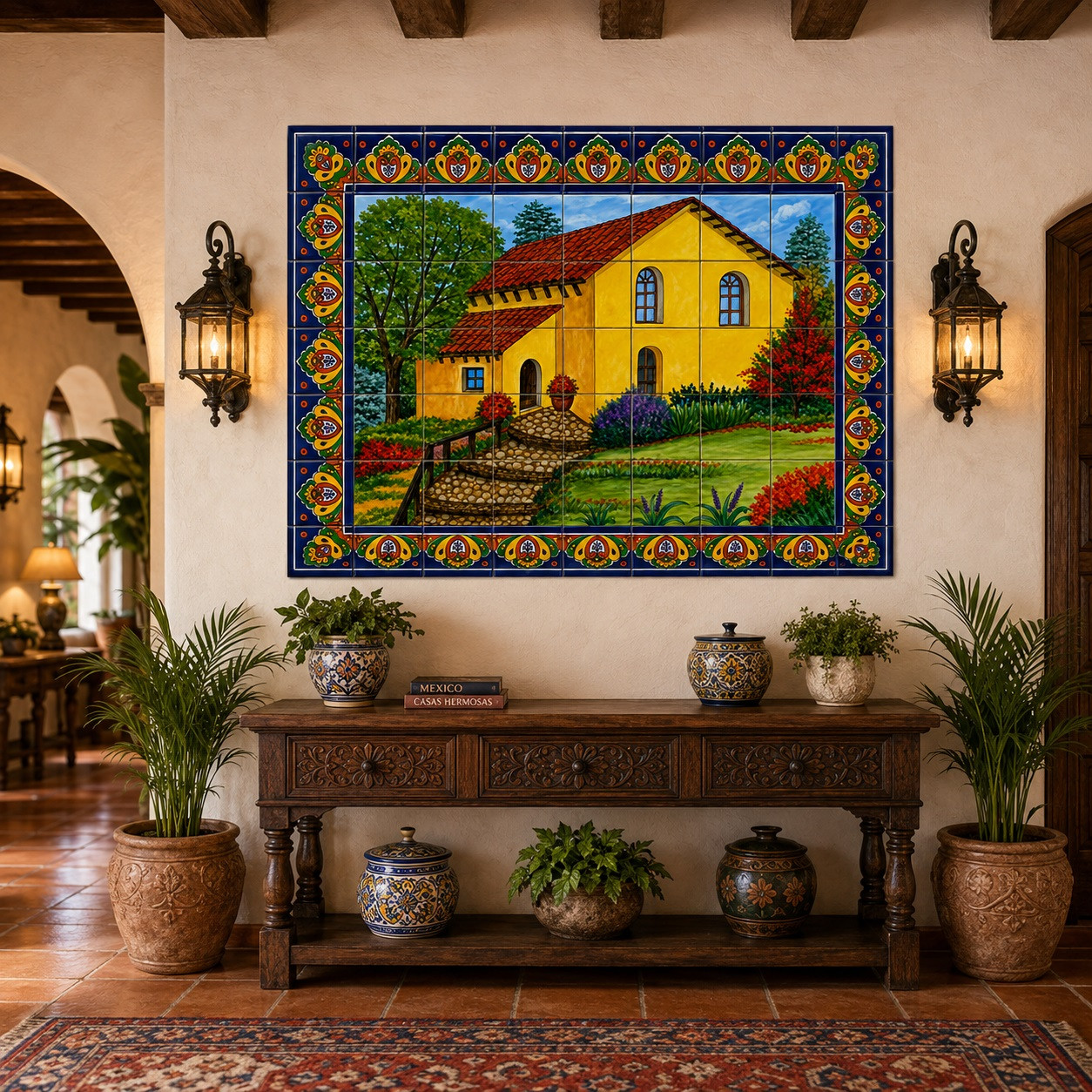 Talavera tile mural yellow house in a boutique hotel with handcrafted decor and warm textures.