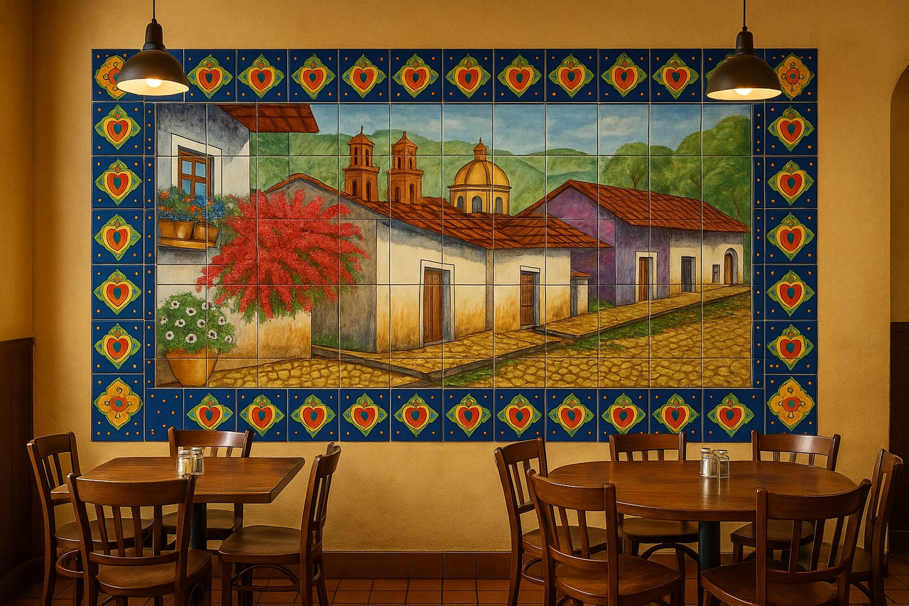 Mexican tile mural colonial street displayed on a stucco wall inside a warm and colorful restaurant interior