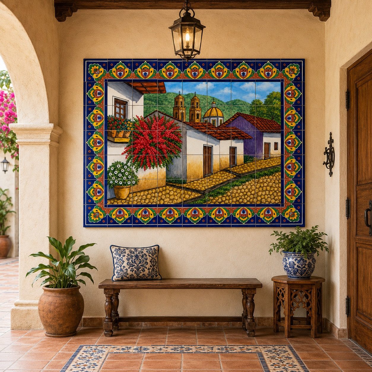 Mexican tile mural colonial street in a Mediterranean hallway with arches and artisan pottery.