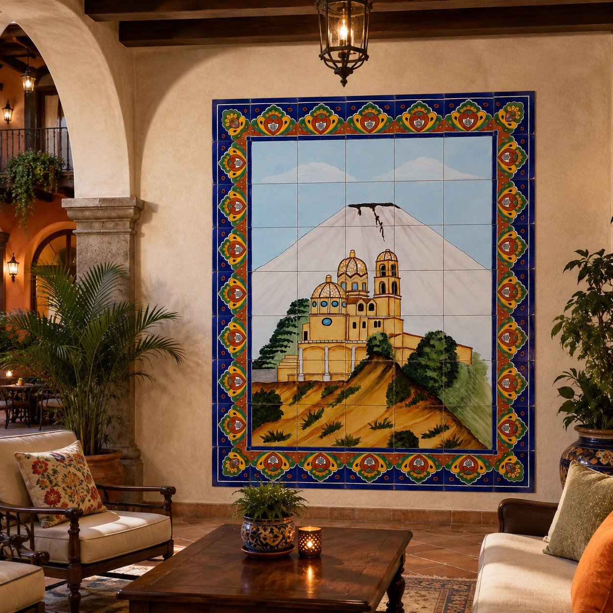 Mexican tile mural volcano church in a boutique hotel lounge with elegant artisan decor.