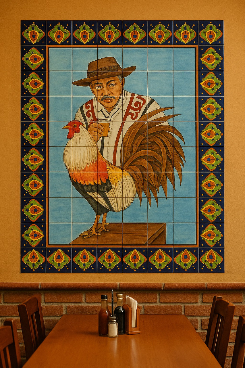 El gallo talavera tile mural displayed on the wall of a traditional Mexican restaurant with warm décor tones