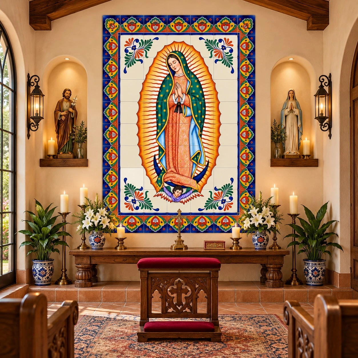 Our lady Guadalupe Mexican mural featured in a home chapel with warm traditional details.