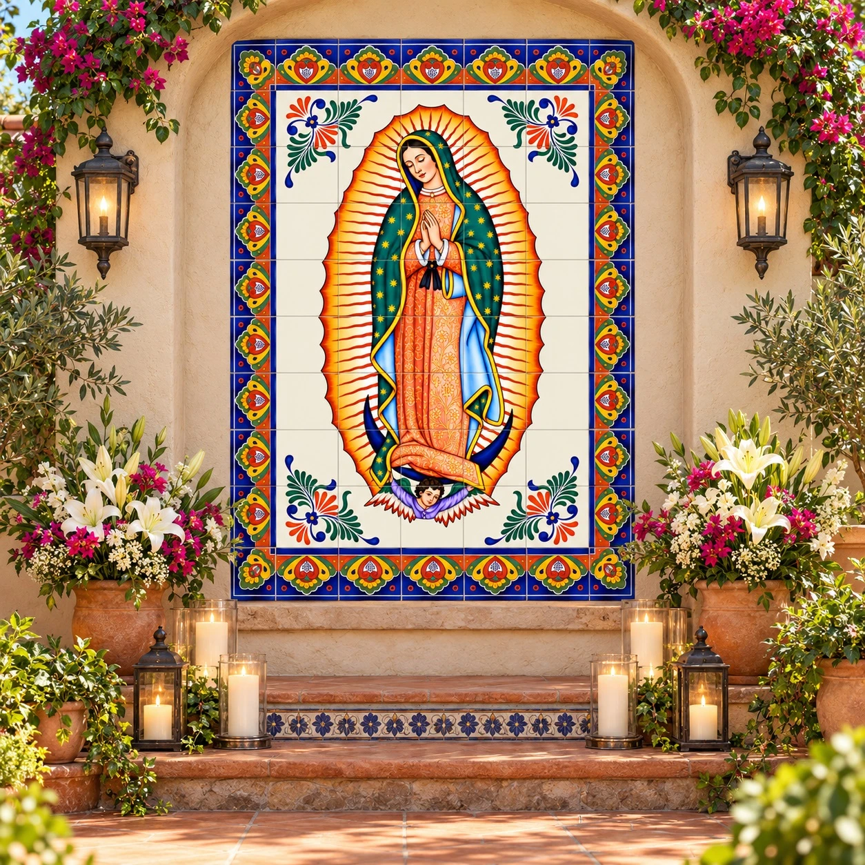 Our lady Guadalupe Mexican mural displayed at an outdoor altar with floral surroundings.