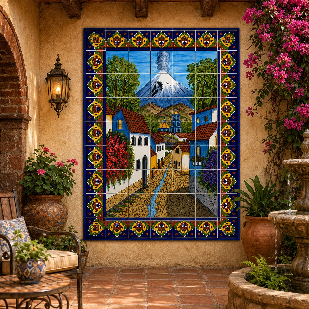 Mexican village volcano tile mural on a hacienda patio with terracotta floors and rustic decor.