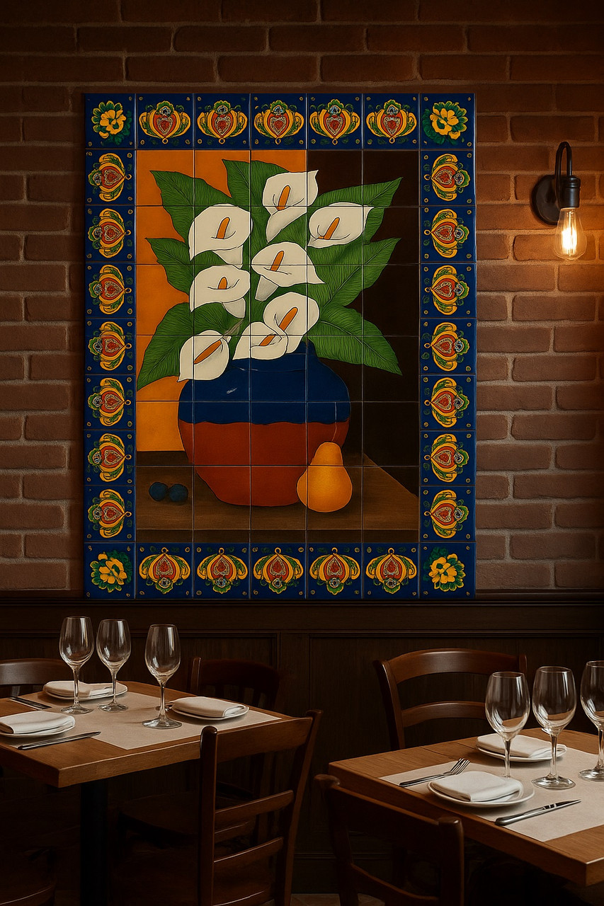 Calla lilies talavera tile mural featured in a restaurant interior creating a warm and artistic atmosphere
