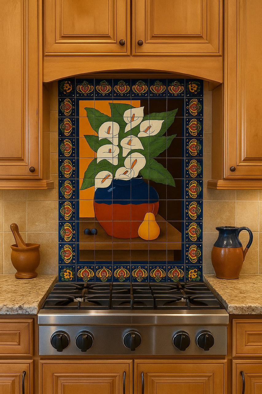 Calla lilies talavera tile mural displayed on a kitchen wall adding handcrafted color and Mexican elegance