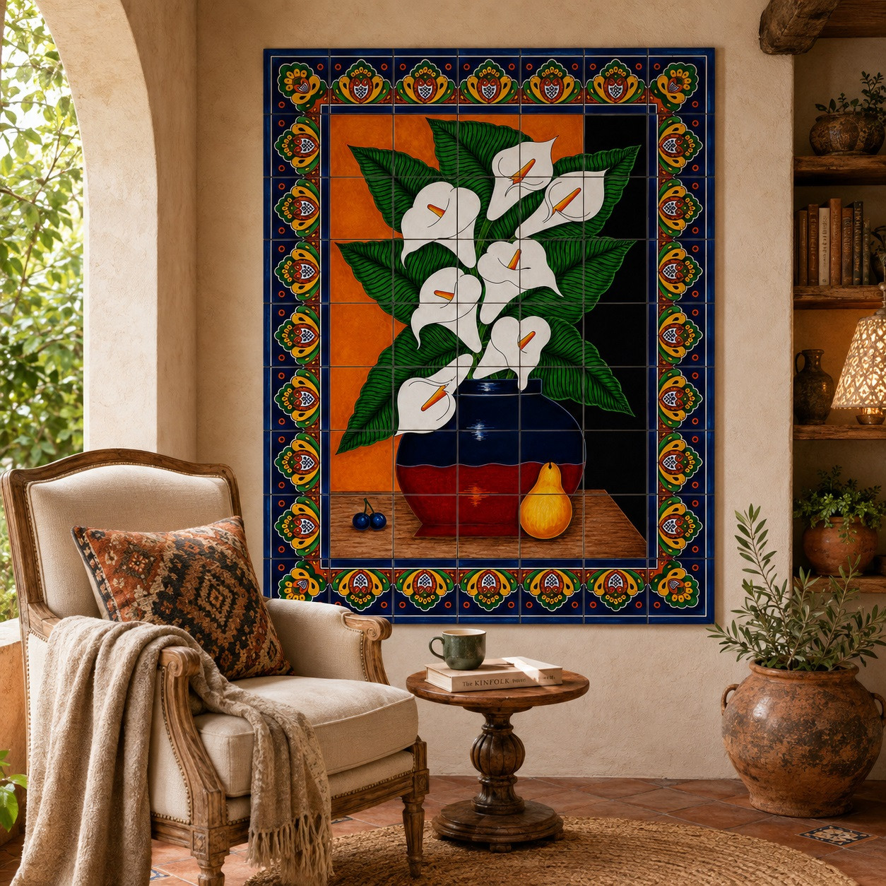Calla lilies talavera tile mural in a reading nook with cozy seating and warm wood accents.
