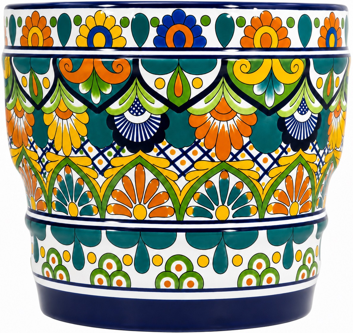 Talavera flower pot with blue, green, orange, yellow design