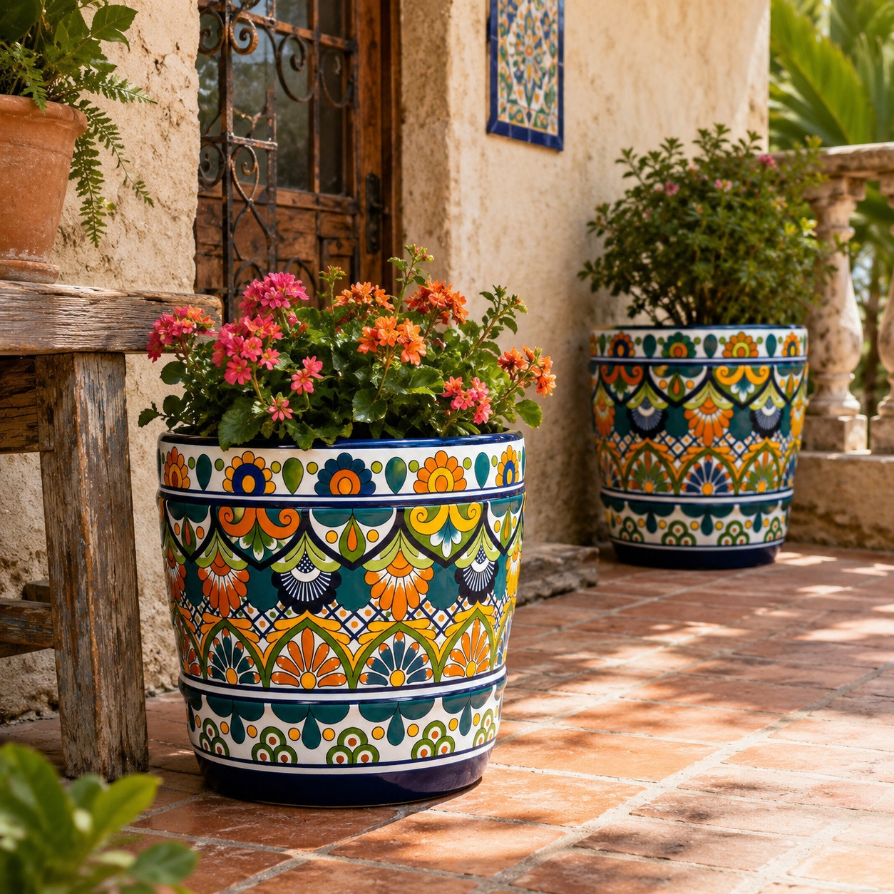 Talavera flower pot with blue, green, orange, yellow design on a rustic terrace