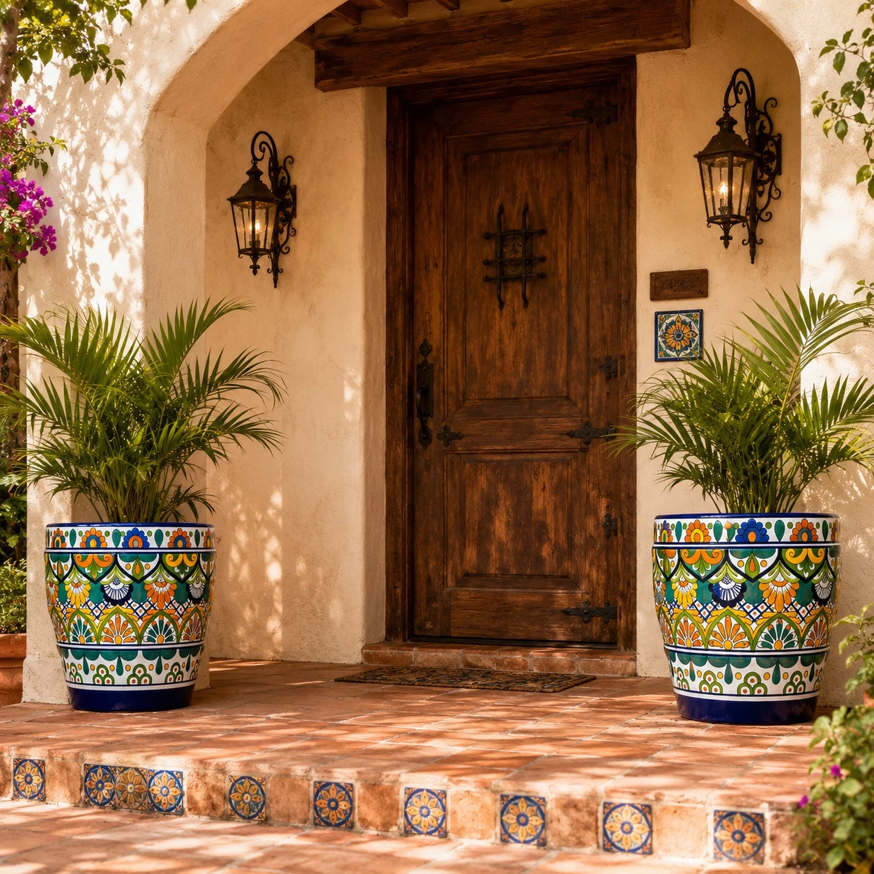 Talavera flower pot with blue, green, orange, yellow design in a hacienda entryway