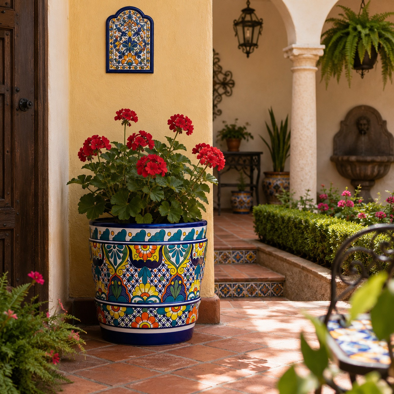 Mexican talavera pot with colorful floral pattern decorating a sunlit Spanish patio