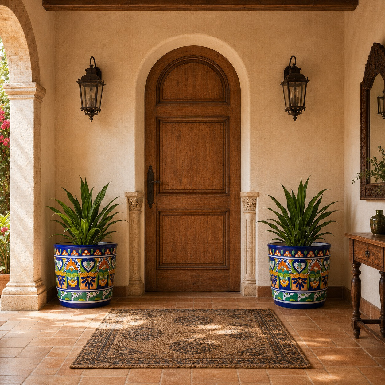 Talavera planter with cobalt blue floral heart pattern in a traditional hacienda entryway