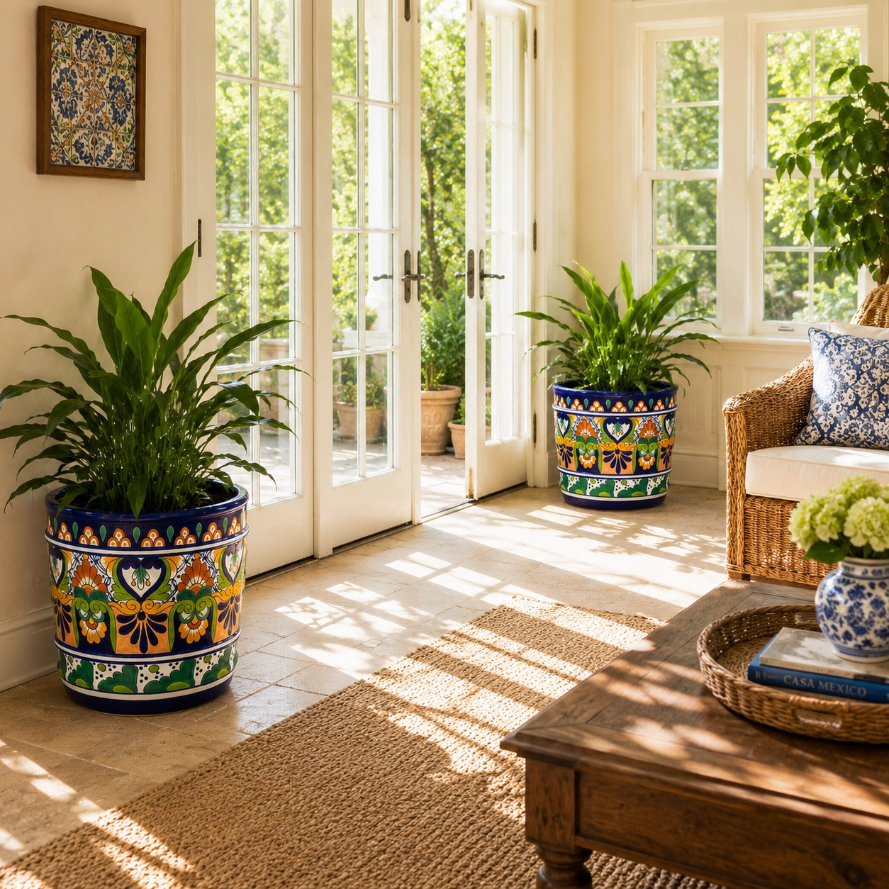 Talavera planter with cobalt blue floral heart pattern displayed in a bright sunroom