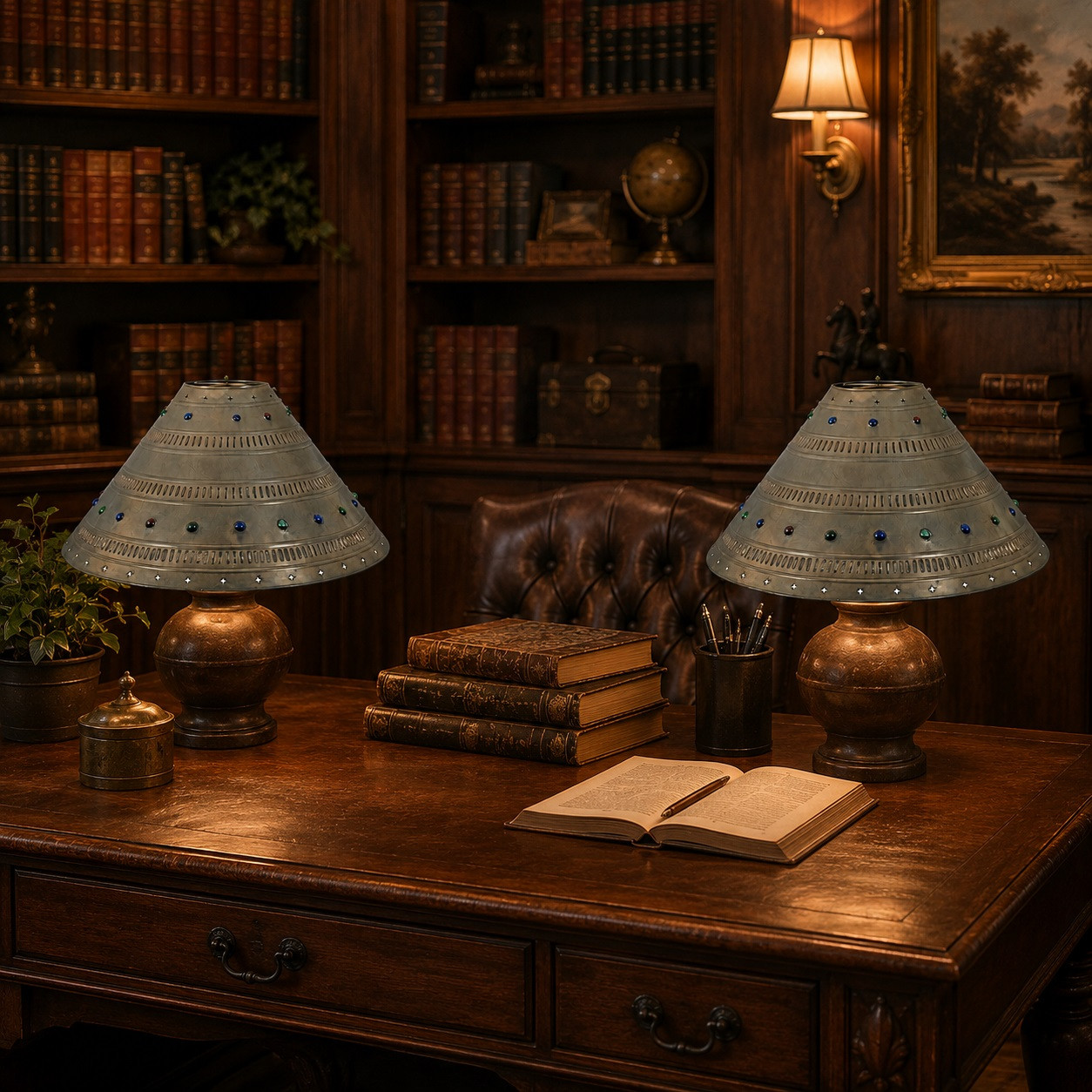 Mexican jewel-studded punched tin cone pendant lamps over an old-world library table