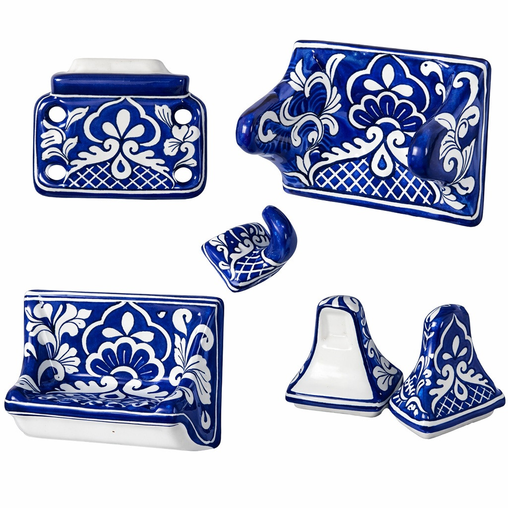 Blue and white Talavera wall-mount bathroom accessory set