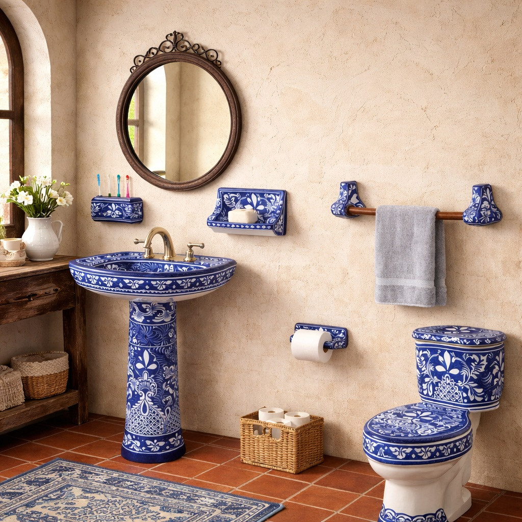 Blue and white Talavera wall-mount bathroom accessory set in a Spanish hacienda style bathroom