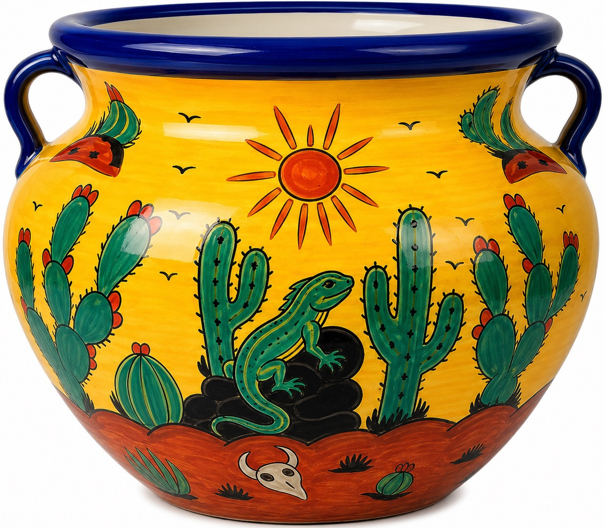Talavera flower planter with desert sun and cactus design