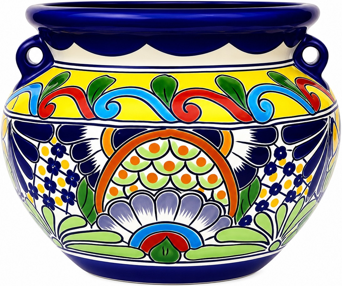 Talavera flower planter with multicolor scroll and floral motif