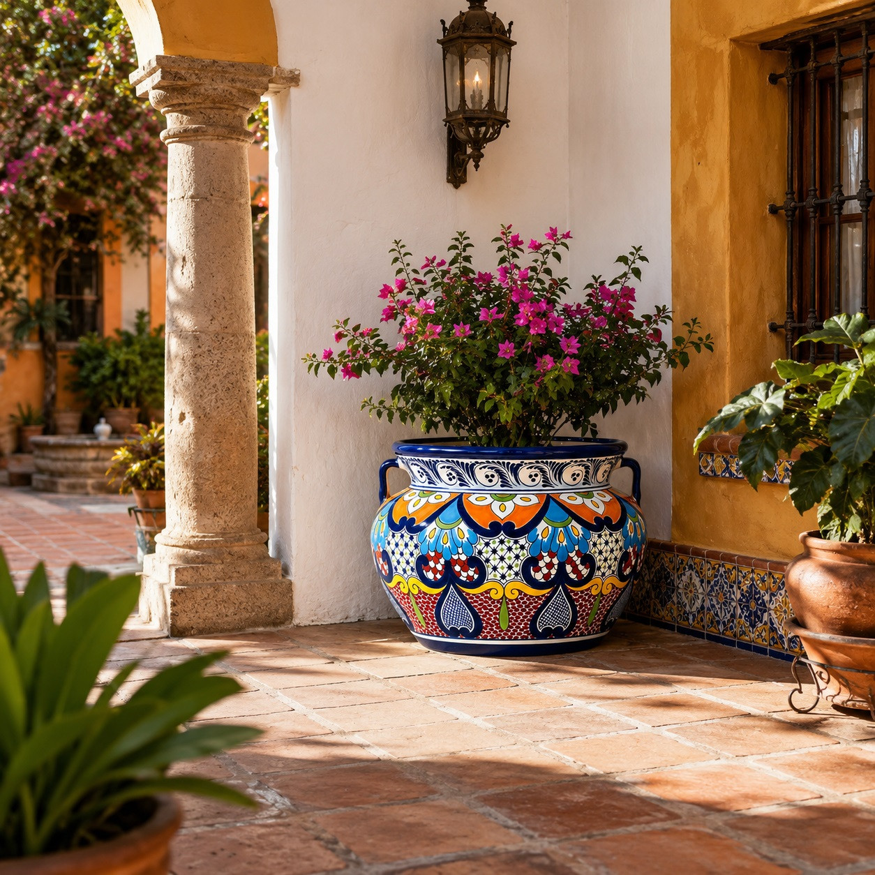 Hand-painted talavera planter with cobalt rim and floral lattice in a Mexican courtyard