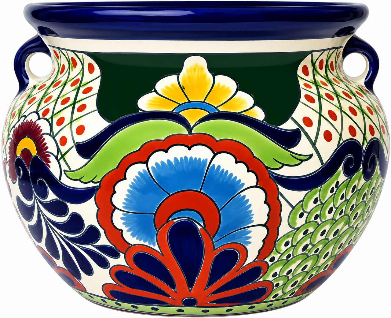 Hand-painted flower planter with blue green scrolls – Dolores Hidalgo design