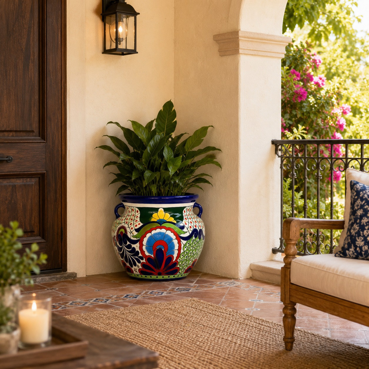 Hand-painted flower planter with blue green scrolls – Dolores Hidalgo design on a covered porch