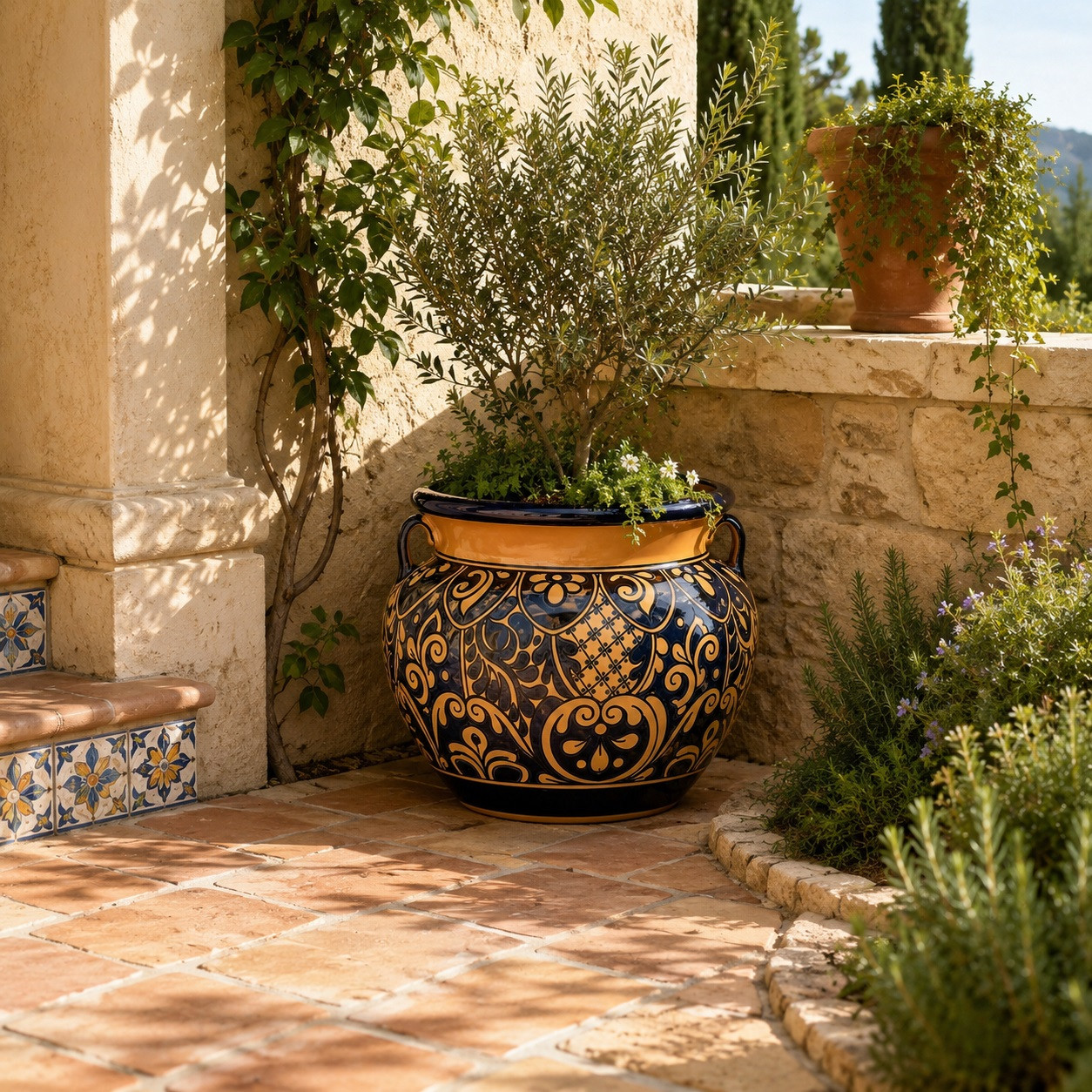 Talavera planter with caramel scrollwork and rolled rim in a Mediterranean garden