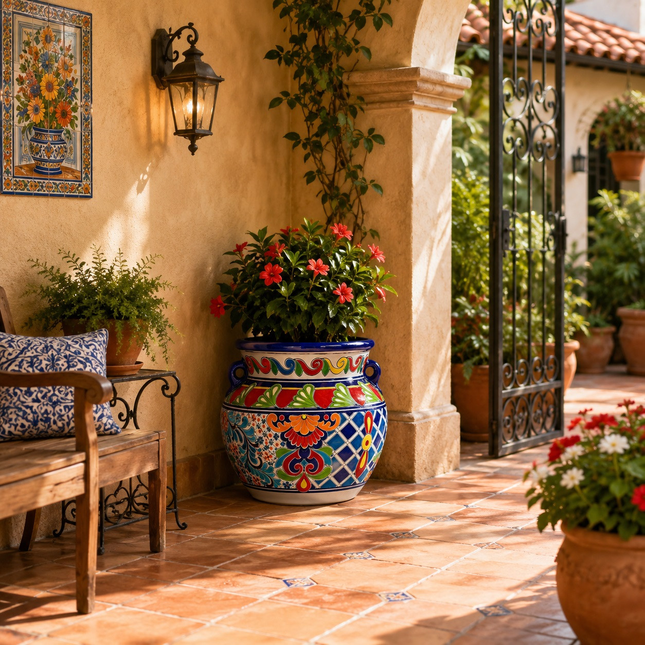 Hand-painted talavera flower planter – traditional Mexican design on a Spanish patio
