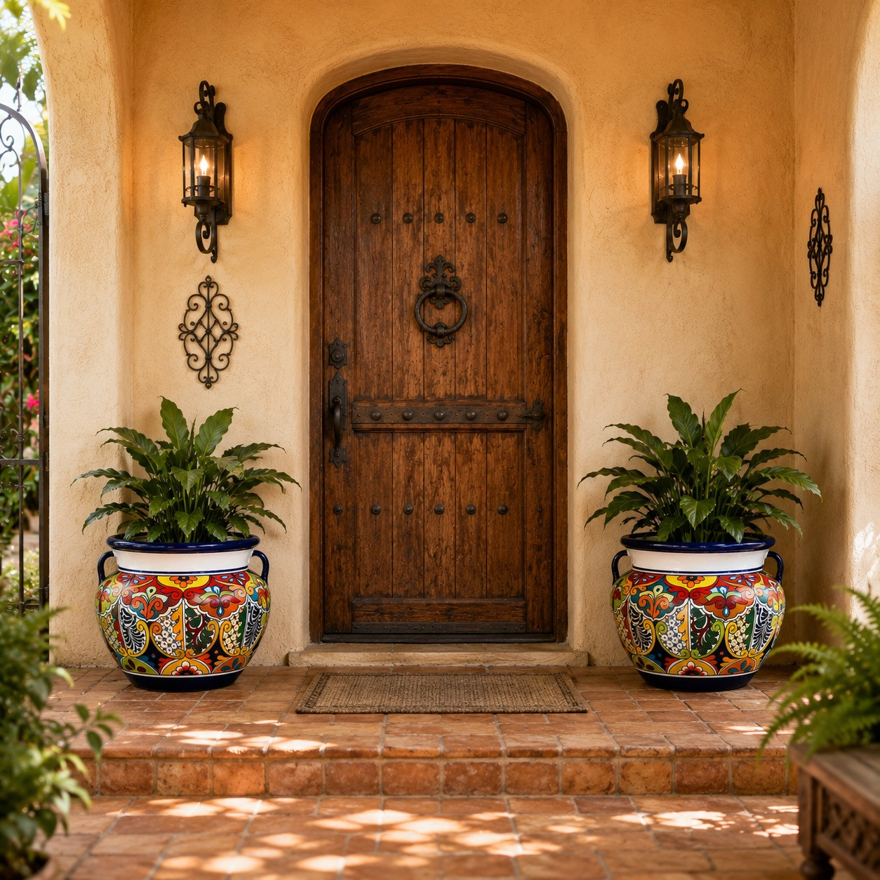 Hand-painted talavera planter with multicolor floral motifs in a hacienda entryway