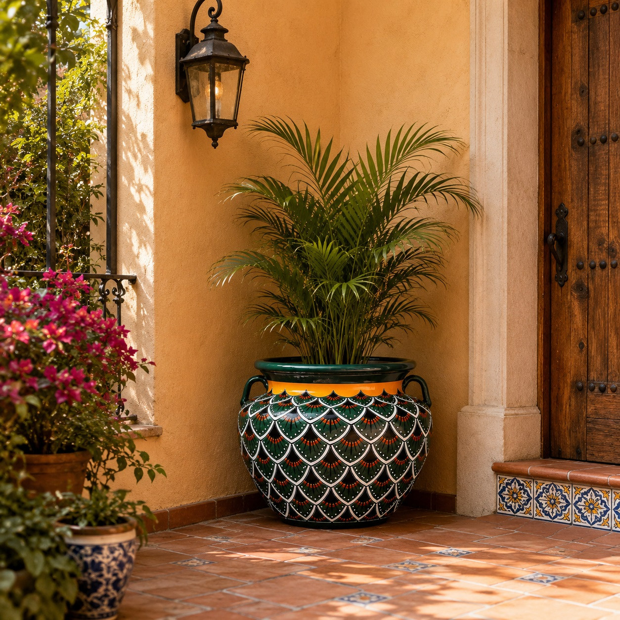 Hand painted talavera planter with green scallop pattern on a sunlit Spanish patio