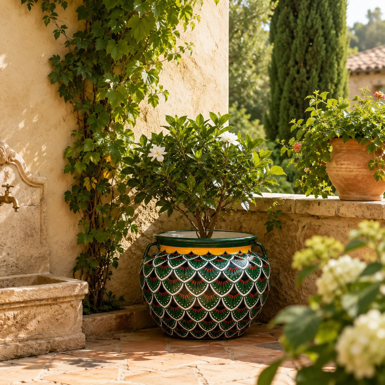 Hand painted talavera planter with green scallop pattern in a Mediterranean garden