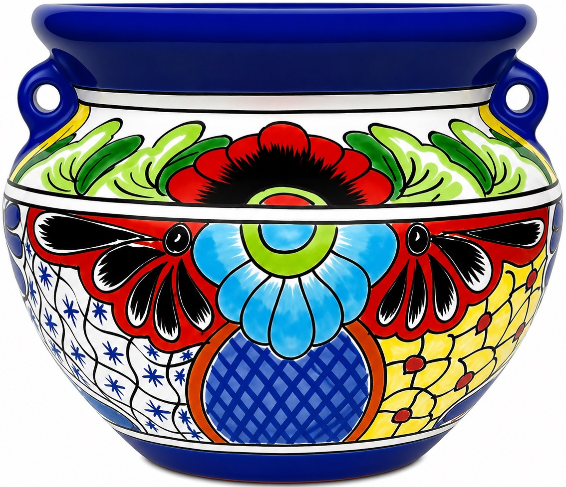 Talavera planter with a blue floral and butterfly motif