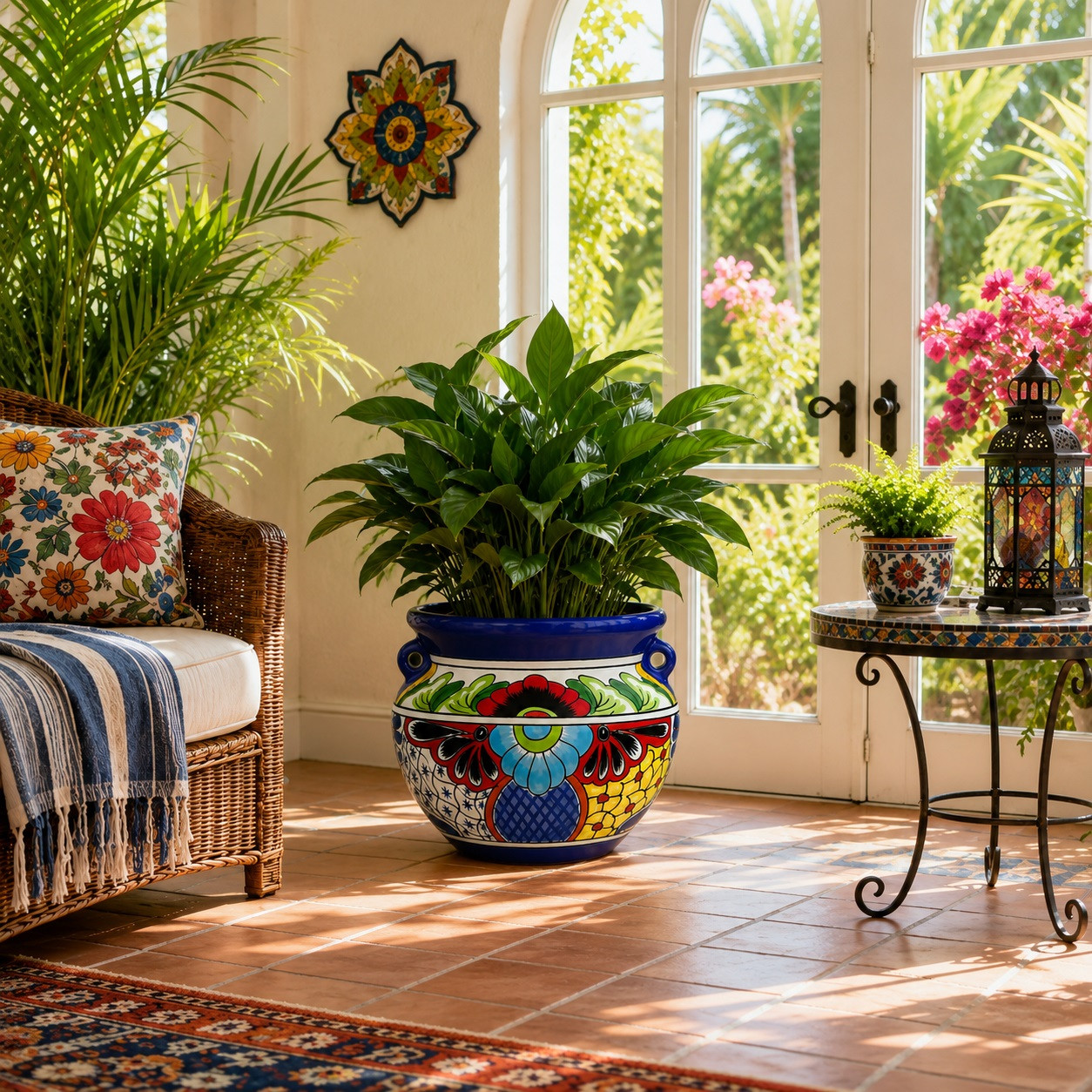 Talavera planter with blue floral and butterfly motifs brightening an elegant sunroom