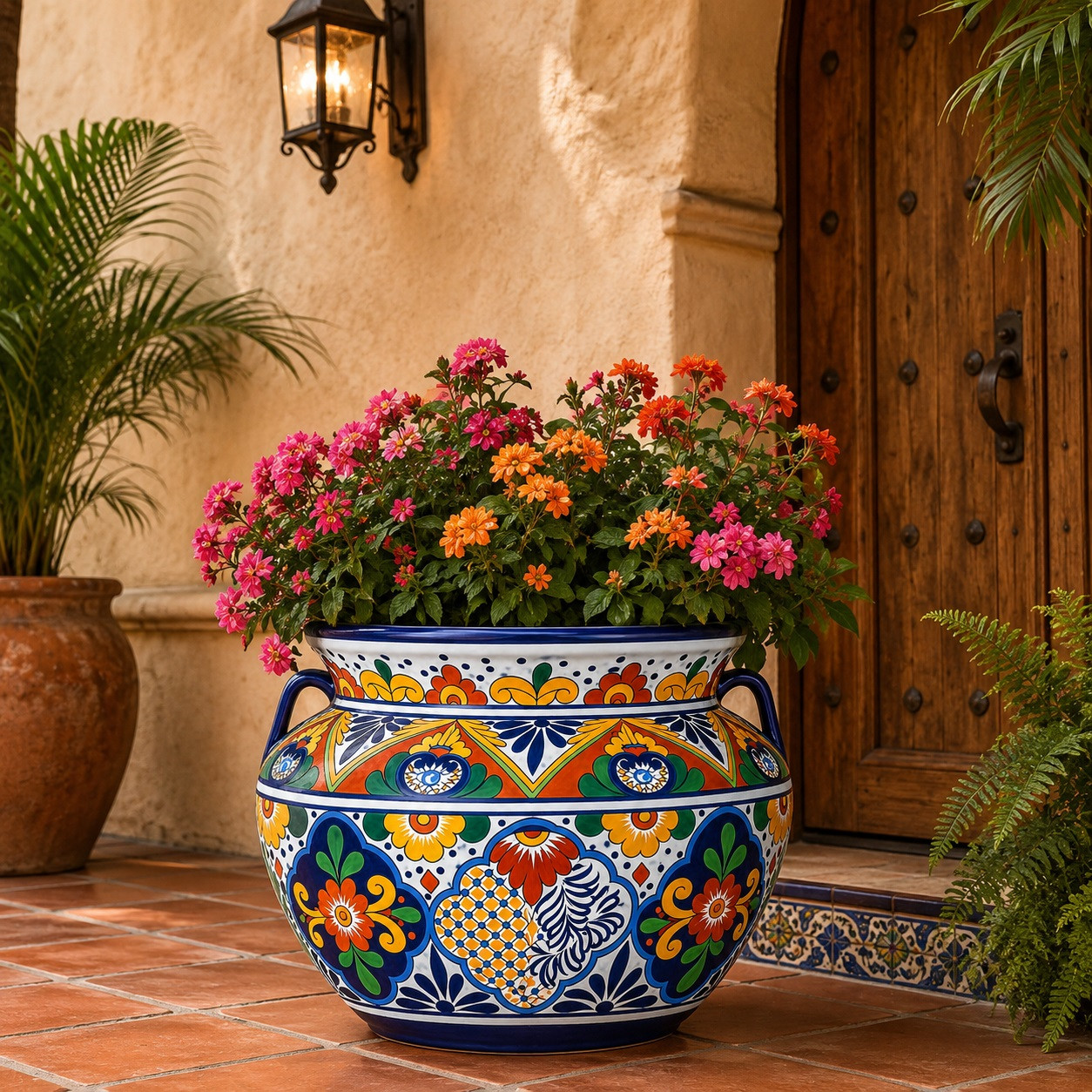 Colorful talavera flower planter with lush greenery in a welcoming hacienda entryway