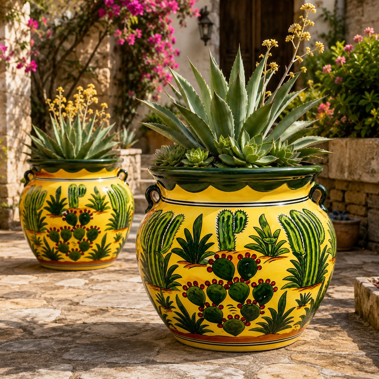 Colorful cactus talavera planter surrounded by succulents in a Mediterranean garden