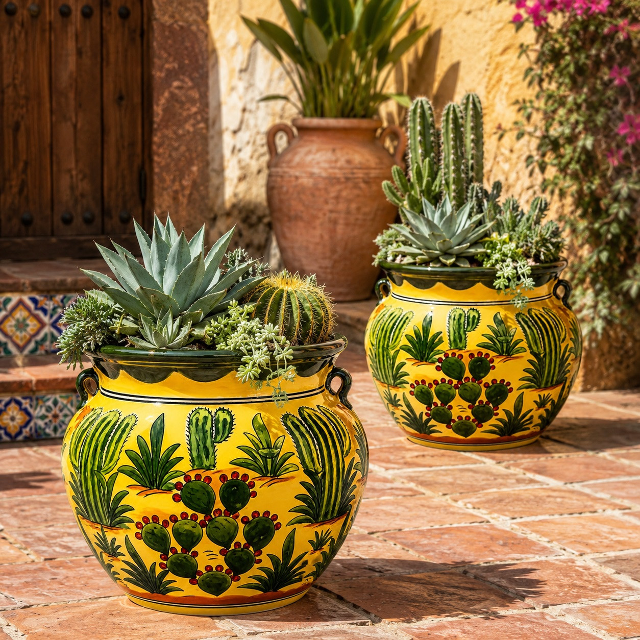 Talavera cactus flower pot displayed with desert plants on a rustic outdoor terrace