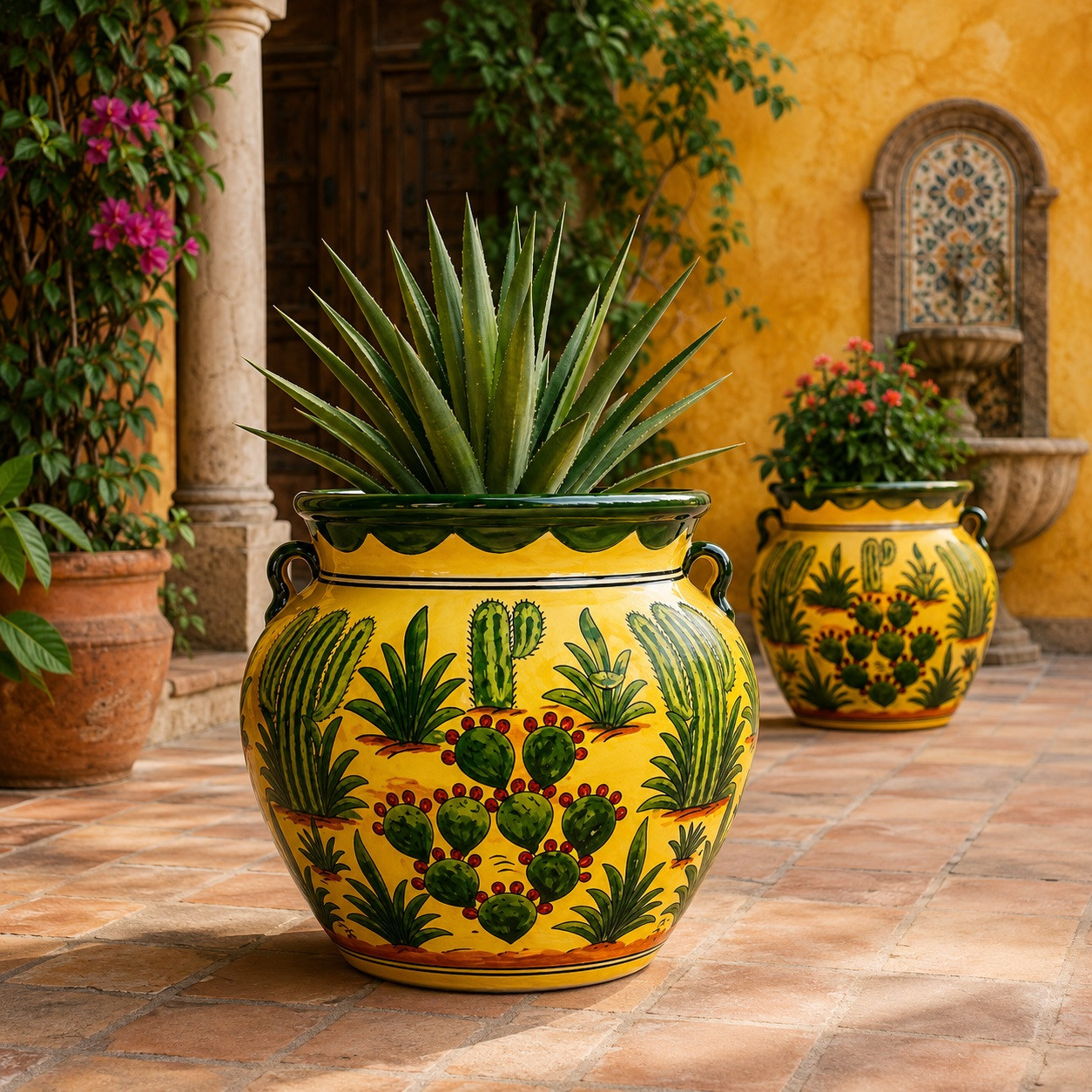 Yellow talavera cactus planter filled with greenery in a traditional Mexican courtyard