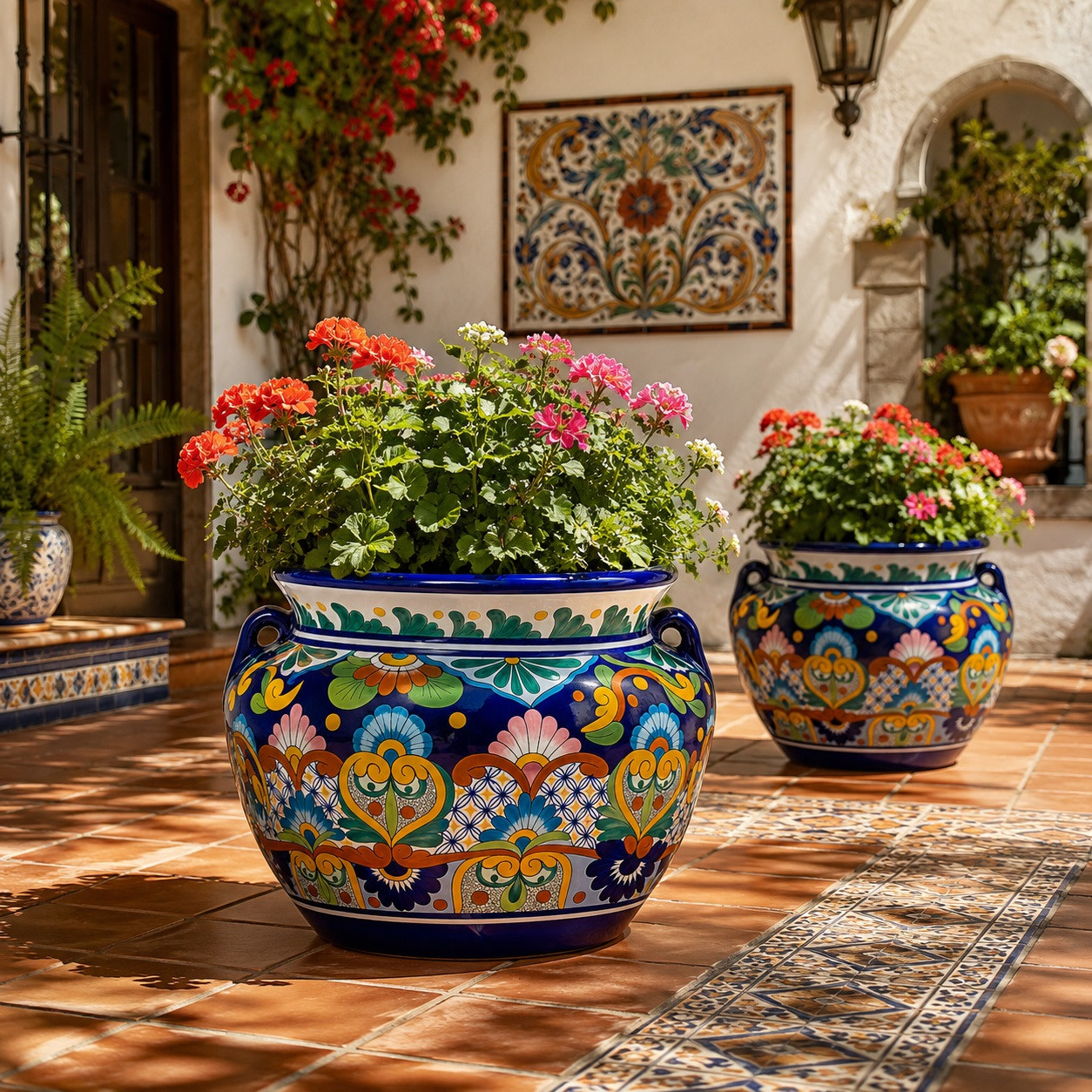 Talavera planter with floral lattice pattern displayed on a sunlit Spanish patio