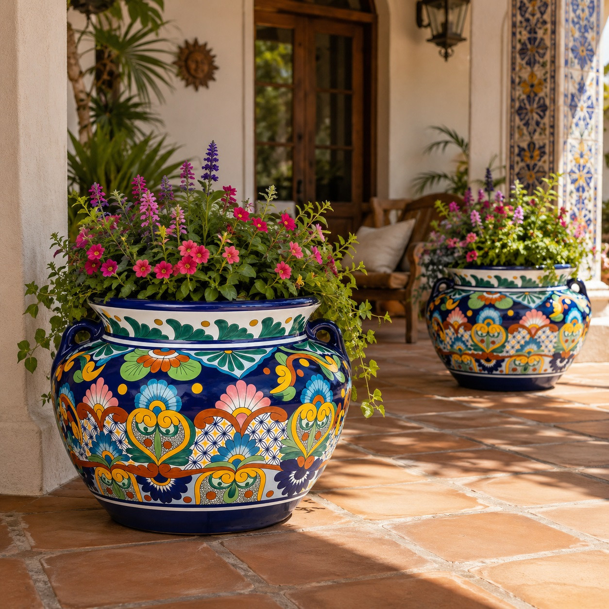 Colorful talavera floral planter styled with greenery on an inviting covered porch