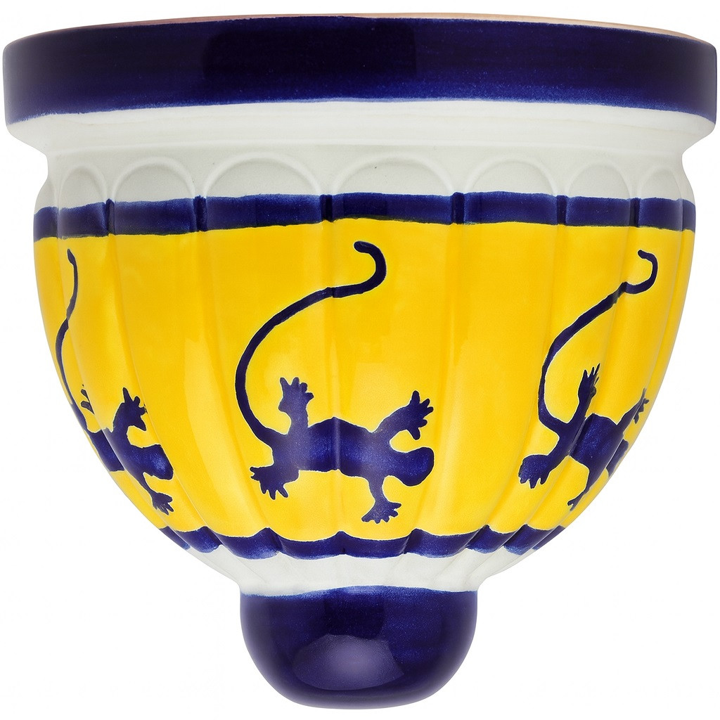 2 x Mexican talavera wall sconce with yellow and cobalt lizard design