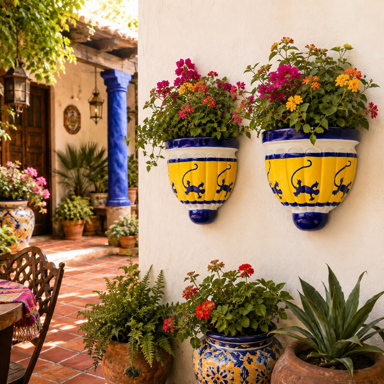 Yellow talavera lizard wall sconces with flowers displayed in a colorful Mexican courtyard
