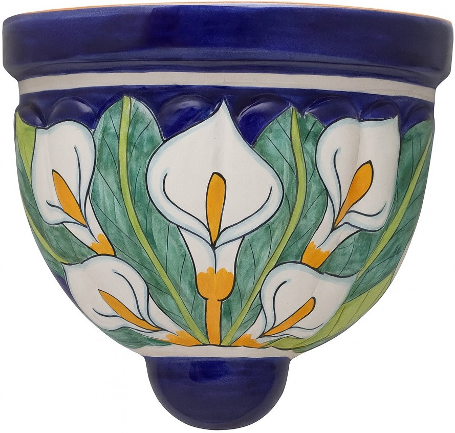 2 x Mexican talavera wall sconce with calla lily and cobalt blue design
