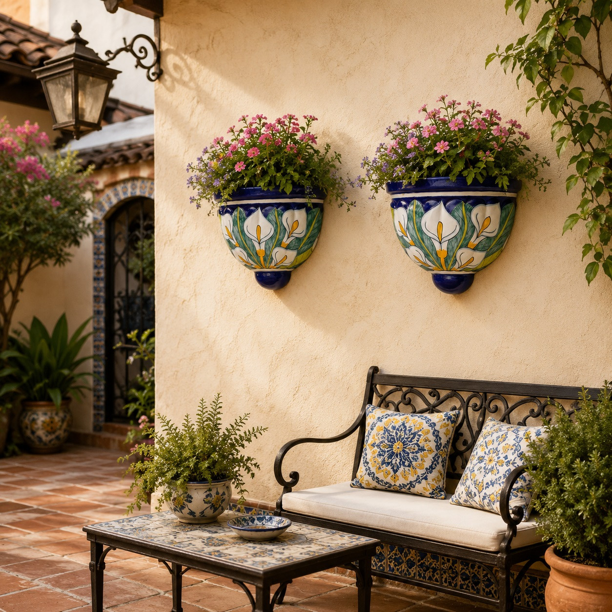 Mexican talavera calla lily wall sconces decorating a colorful Spanish patio