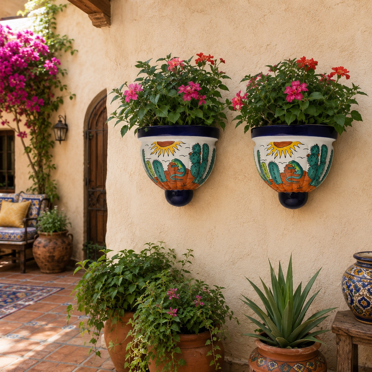 Lizard and desert sun wall sconces with flowers in a colorful Mexican courtyard