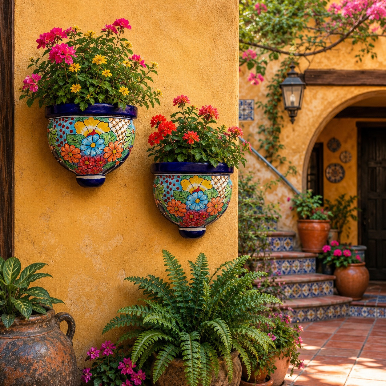Colorful floral talavera wall sconces with plants displayed in a Mexican courtyard