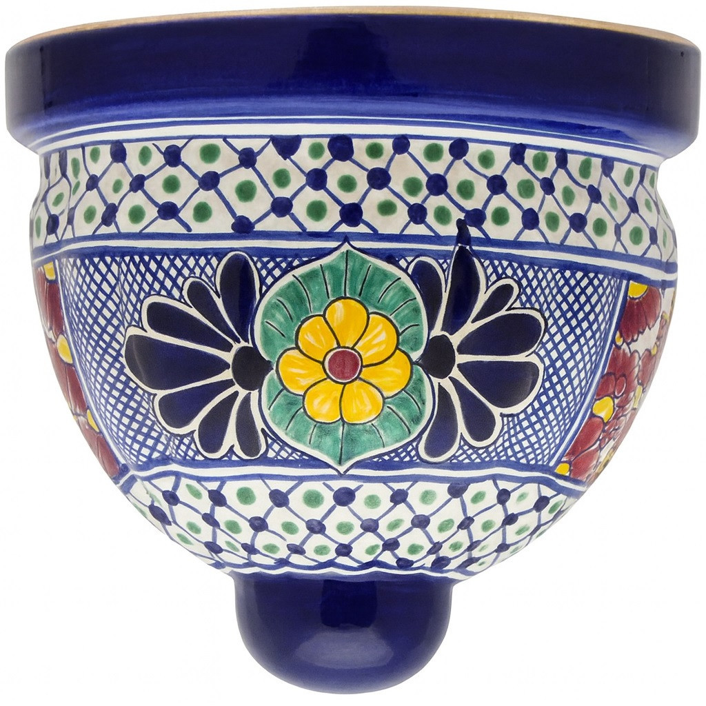2 x Mexican talavera wall sconce with cobalt blue and yellow medallion design