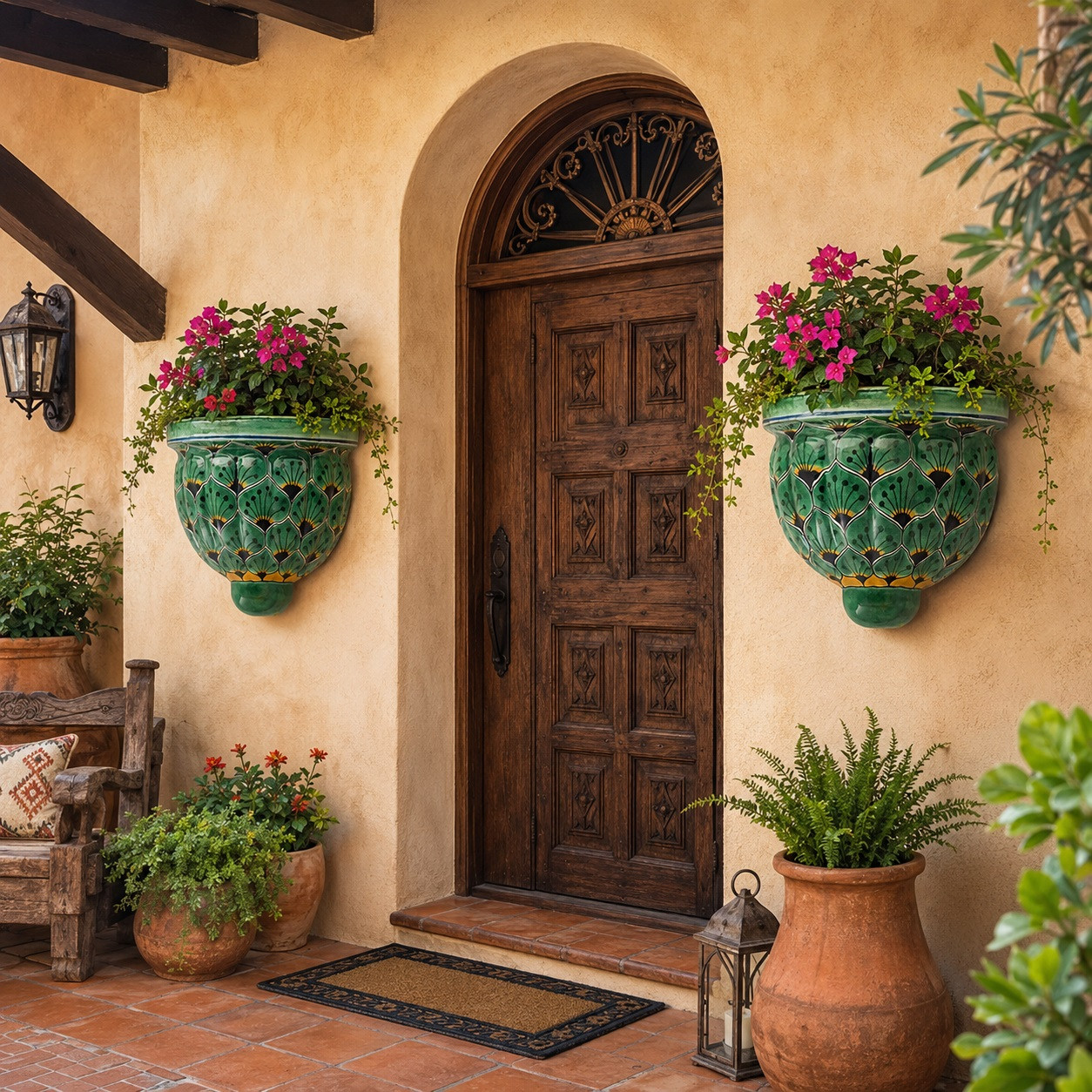 Pair of Mexican talavera wall sconces enhancing a rustic hacienda entryway with plants