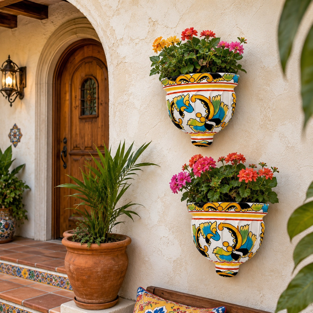 Pair of talavera scroll wall sconces with plants beside a rustic hacienda entryway
