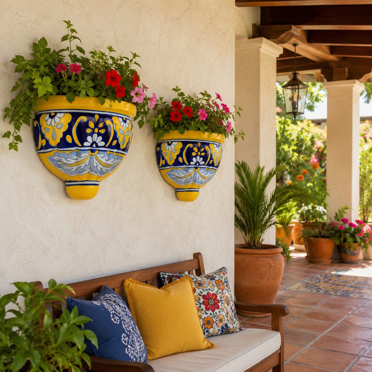 Two handcrafted wall sconces with vibrant plants decorating a warm covered porch